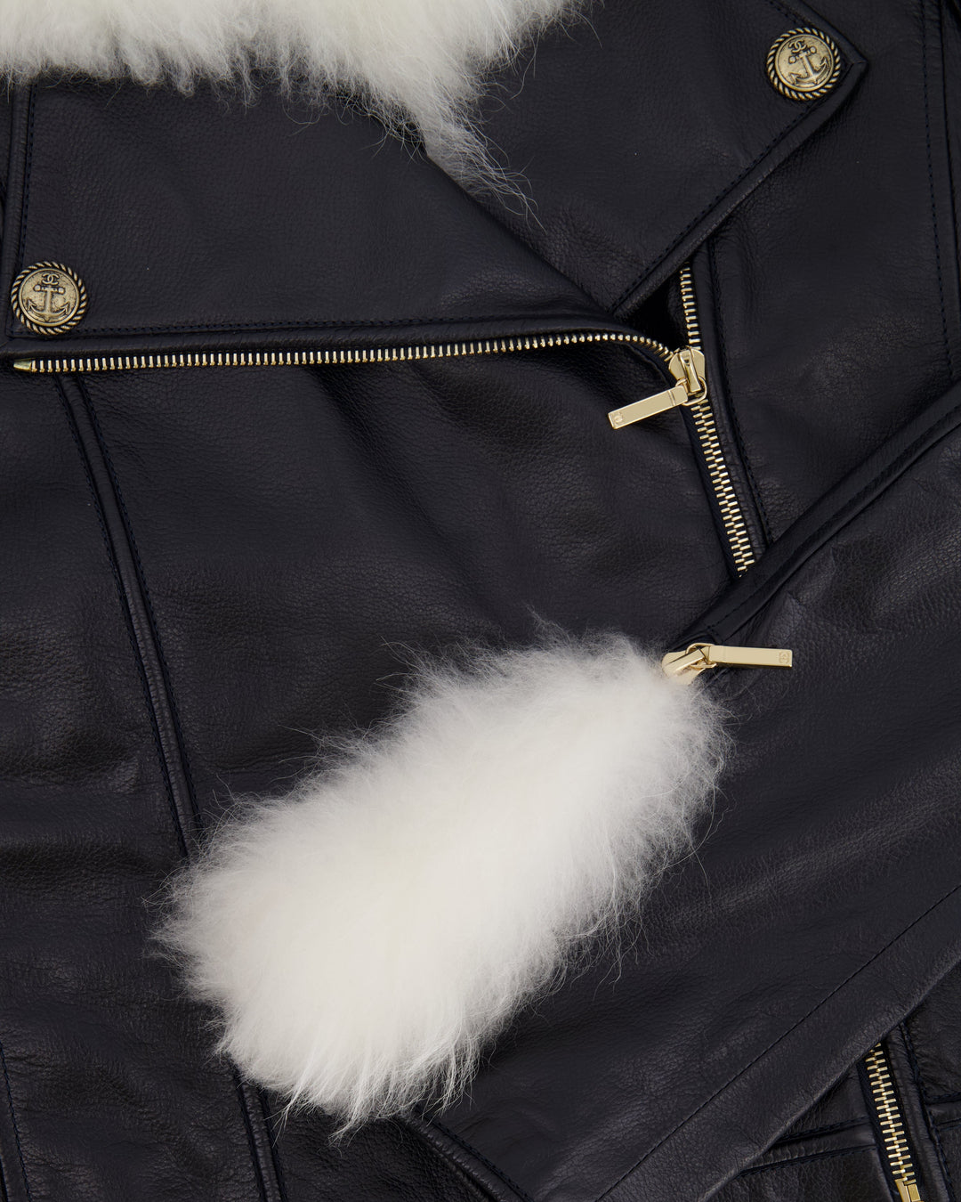 Top Quality Chanel Black Leather Asymmetric Jacket with White Fur Details and Logo Buttons Detail Size FR 34 (UK 6)
