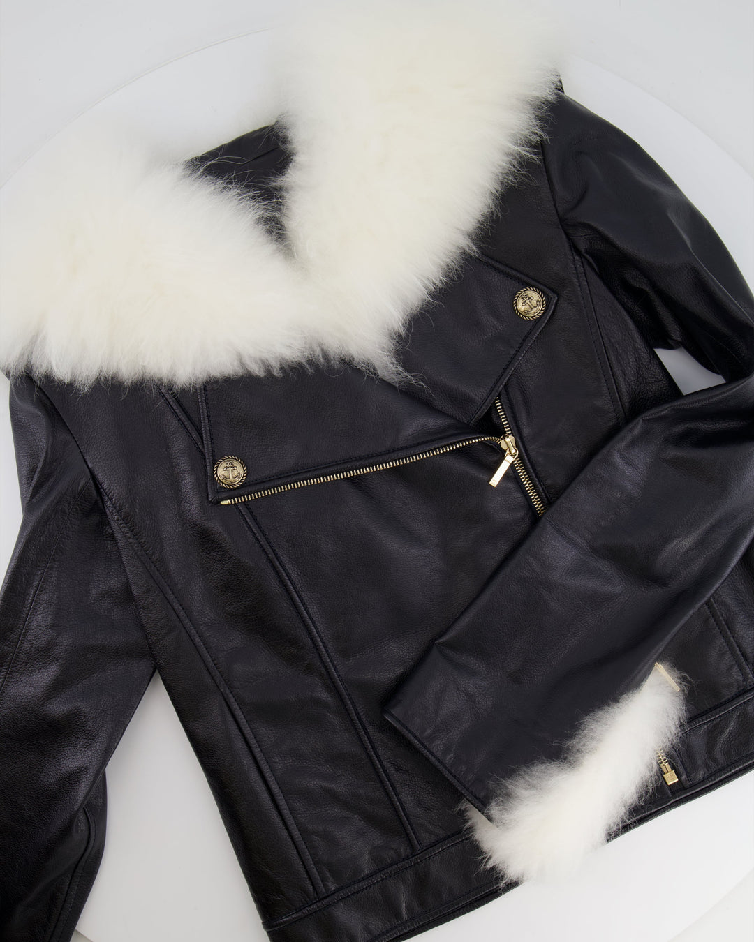 Top Quality Chanel Black Leather Asymmetric Jacket with White Fur Details and Logo Buttons Detail Size FR 34 (UK 6)
