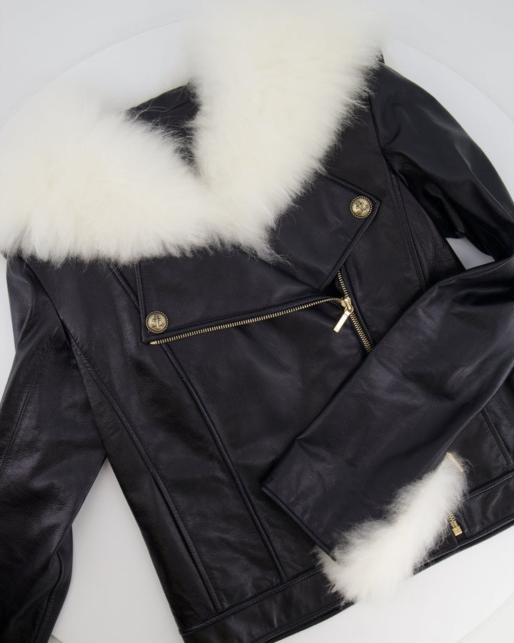 Top Quality Chanel Black Leather Asymmetric Jacket with White Fur Details and Logo Buttons Detail Size FR 34 (UK 6)