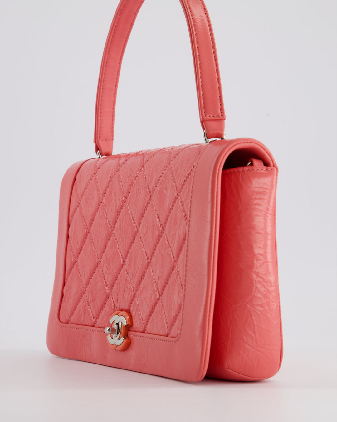Top Quality Chanel Pink Patent Crinkled Calfskin Leather Flap Bag with Enamel CC Logo and Silver Hardware