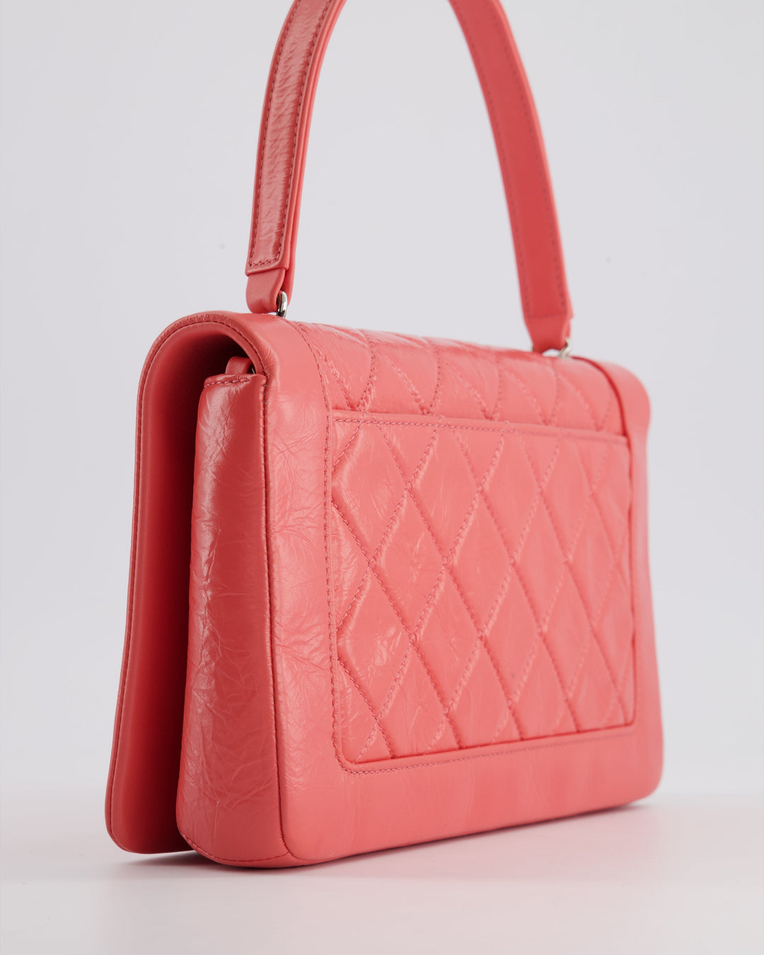 Top Quality Chanel Pink Patent Crinkled Calfskin Leather Flap Bag with Enamel CC Logo and Silver Hardware