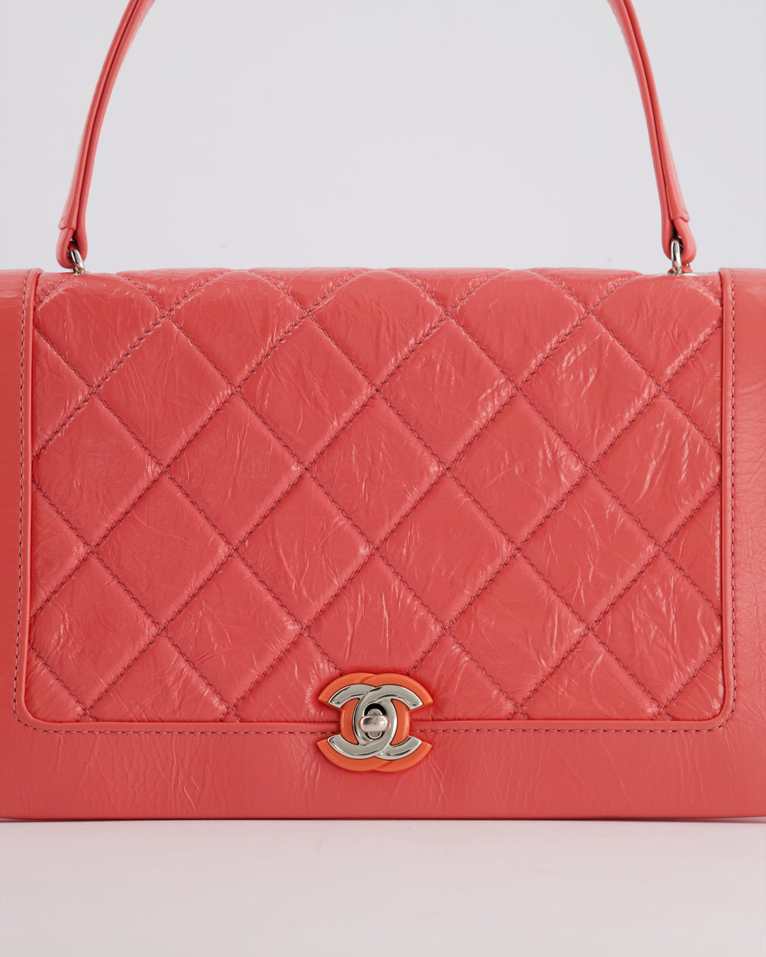 Top Quality Chanel Pink Patent Crinkled Calfskin Leather Flap Bag with Enamel CC Logo and Silver Hardware