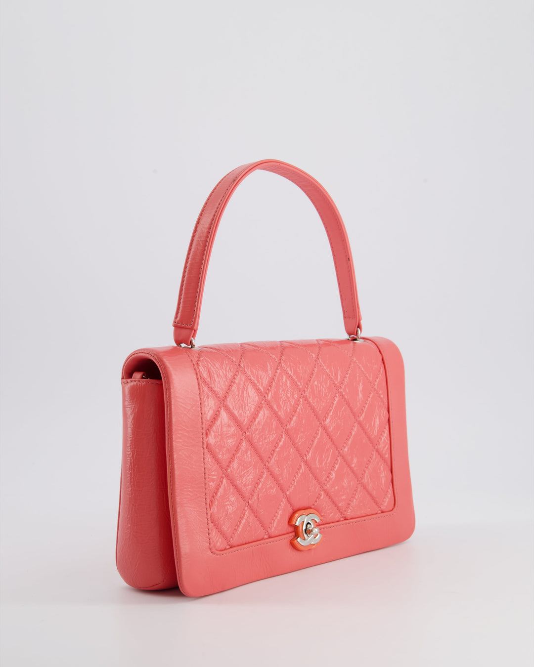 Top Quality Chanel Pink Patent Crinkled Calfskin Leather Flap Bag with Enamel CC Logo and Silver Hardware