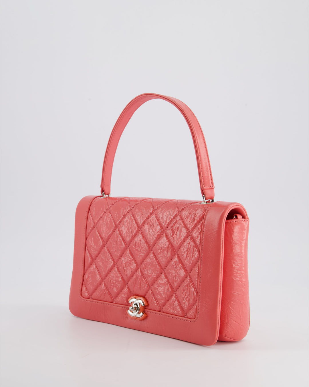 Top Quality Chanel Pink Patent Crinkled Calfskin Leather Flap Bag with Enamel CC Logo and Silver Hardware