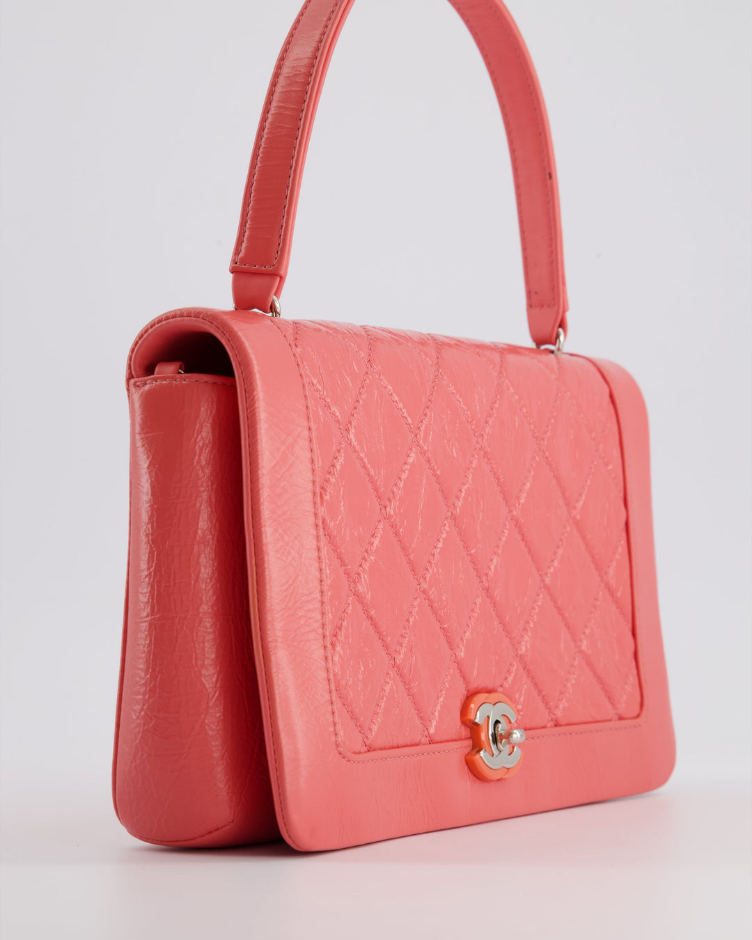 Top Quality Chanel Pink Patent Crinkled Calfskin Leather Flap Bag with Enamel CC Logo and Silver Hardware