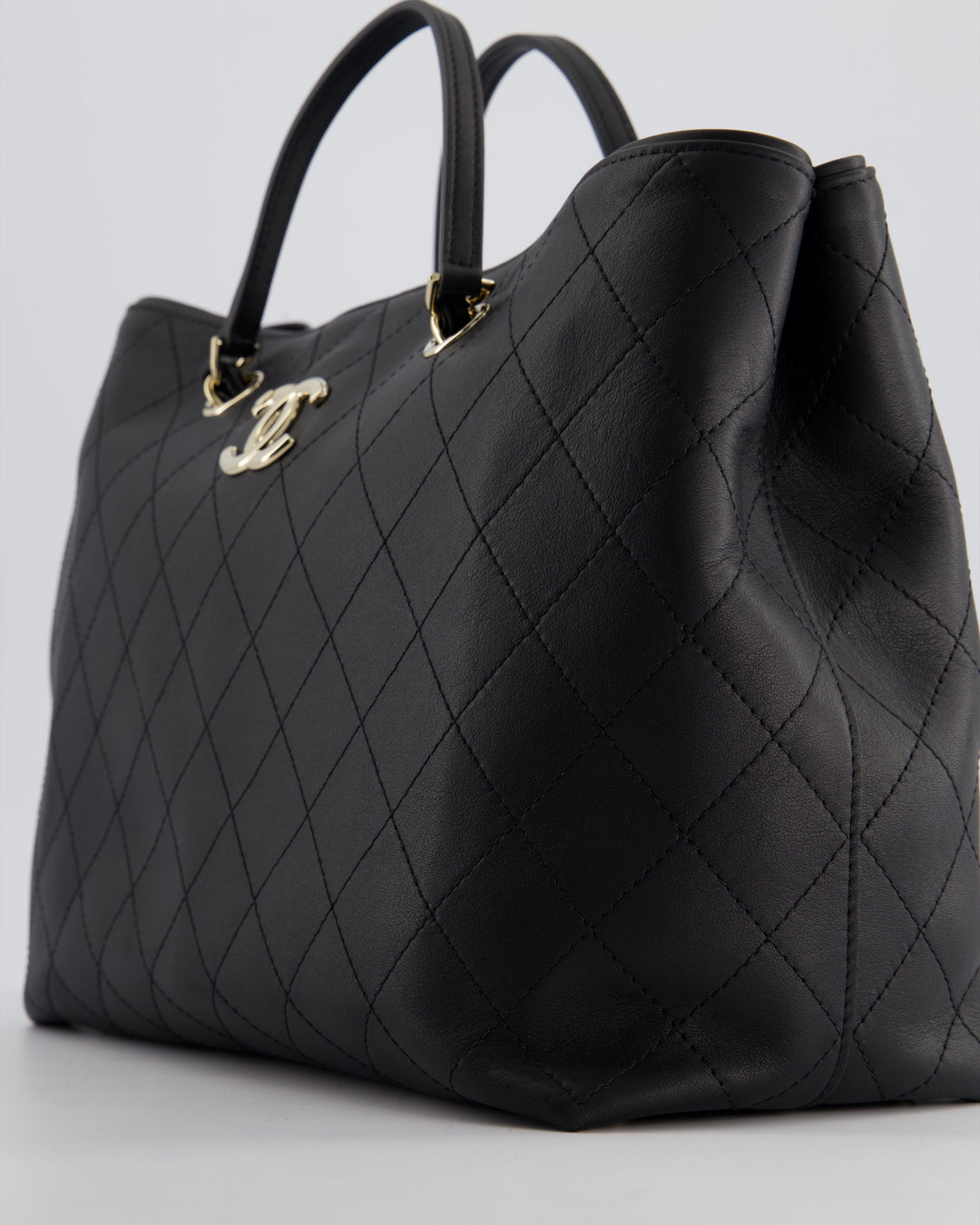 Top Quality Chanel Black Quilted Tote Bag in Calfskin Leather with Champagne Hardware & CC Detail
