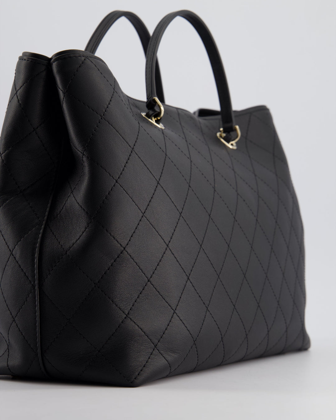 Top Quality Chanel Black Quilted Tote Bag in Calfskin Leather with Champagne Hardware & CC Detail
