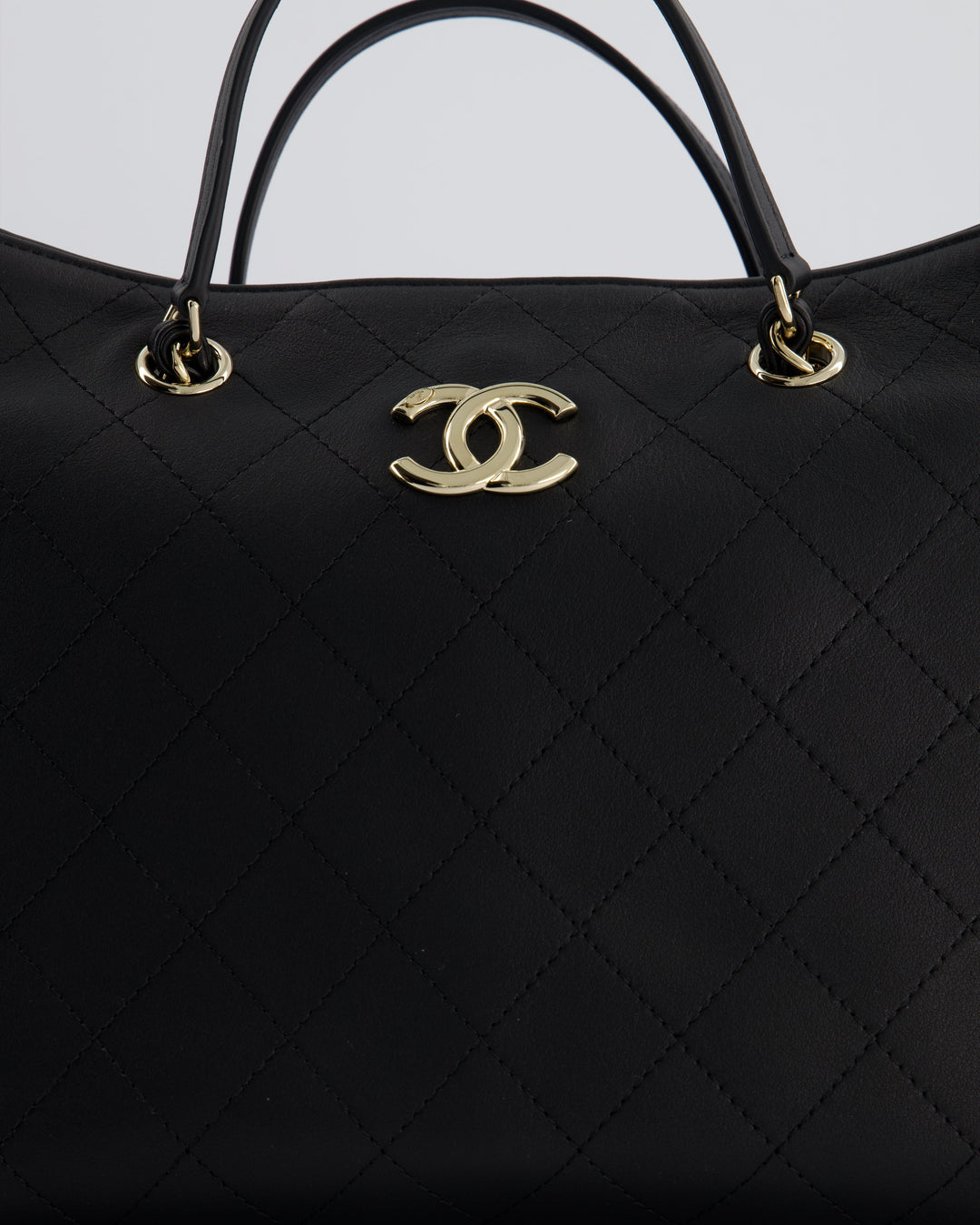 Top Quality Chanel Black Quilted Tote Bag in Calfskin Leather with Champagne Hardware & CC Detail