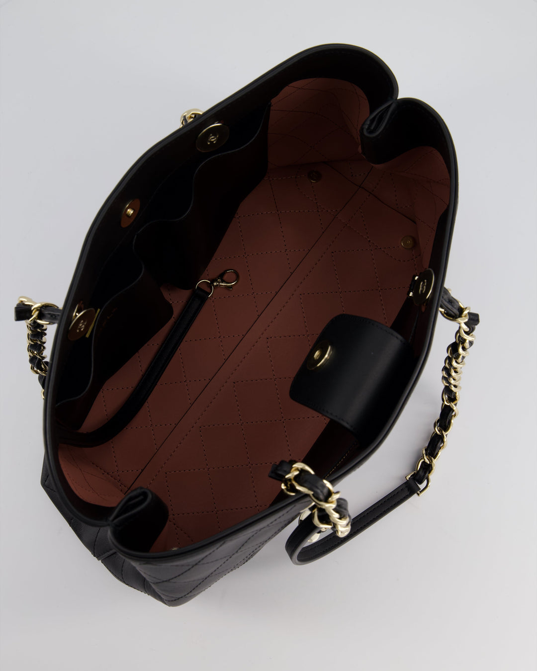 Top Quality Chanel Black Quilted Tote Bag in Calfskin Leather with Champagne Hardware & CC Detail