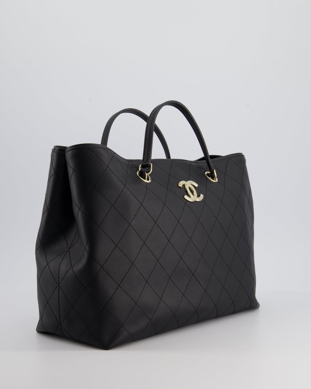 Top Quality Chanel Black Quilted Tote Bag in Calfskin Leather with Champagne Hardware & CC Detail