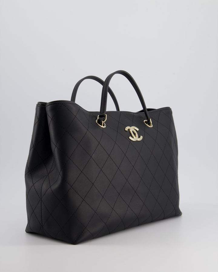 Top Quality Chanel Black Quilted Tote Bag in Calfskin Leather with Champagne Hardware & CC Detail