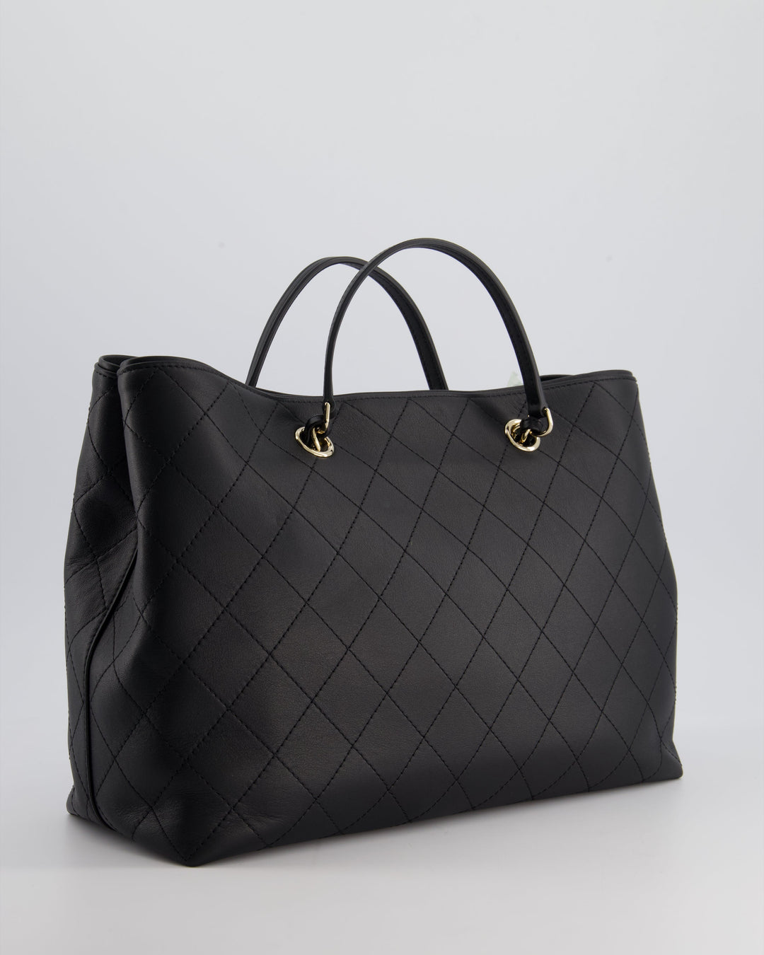 Top Quality Chanel Black Quilted Tote Bag in Calfskin Leather with Champagne Hardware & CC Detail