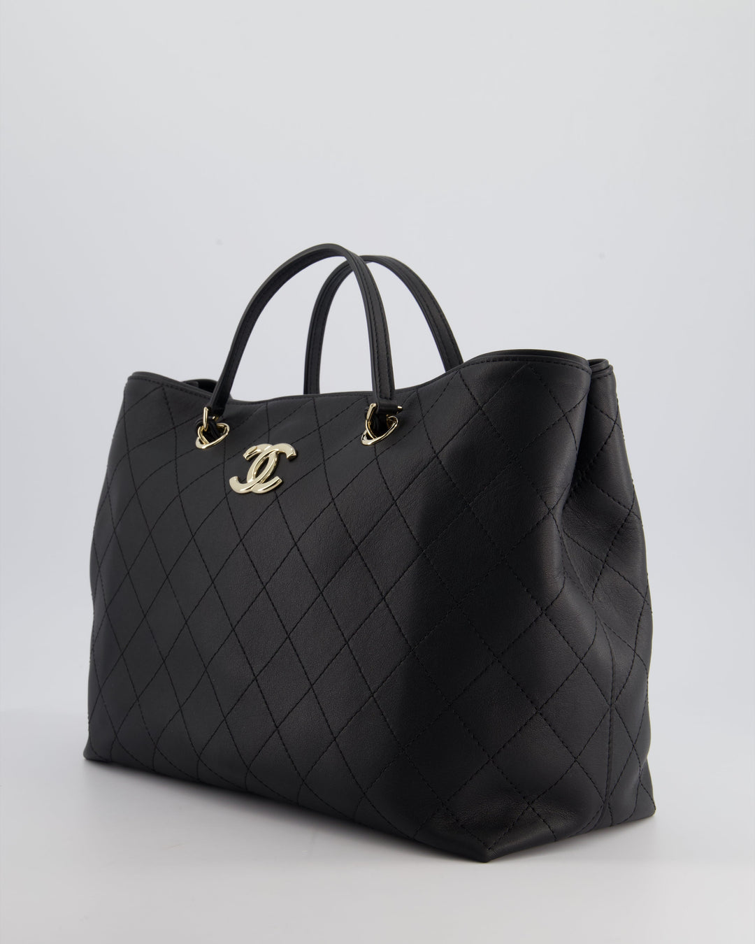 Top Quality Chanel Black Quilted Tote Bag in Calfskin Leather with Champagne Hardware & CC Detail
