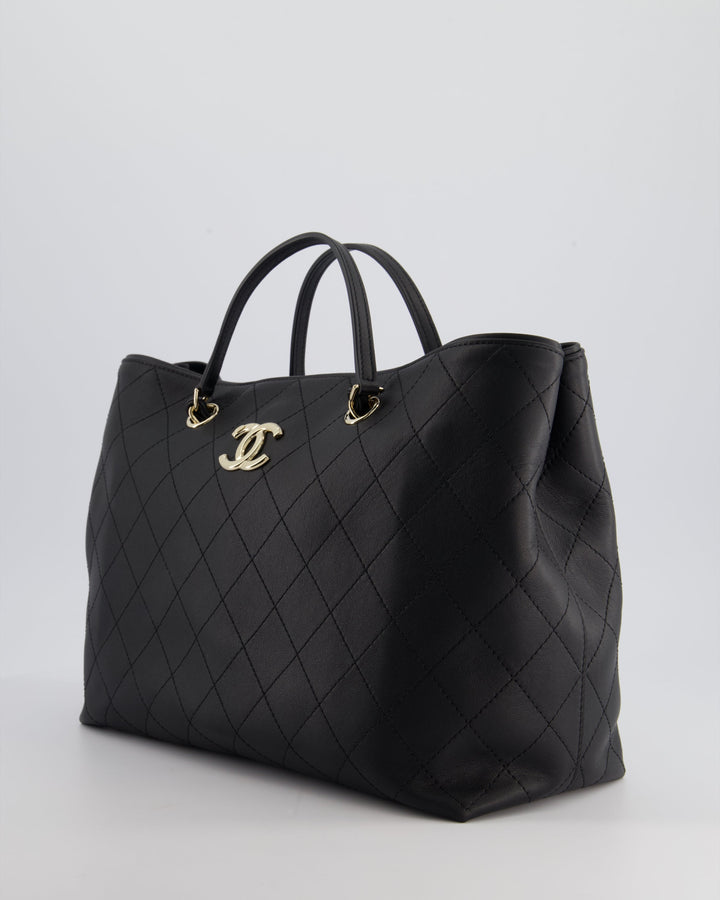 Top Quality Chanel Black Quilted Tote Bag in Calfskin Leather with Champagne Hardware & CC Detail