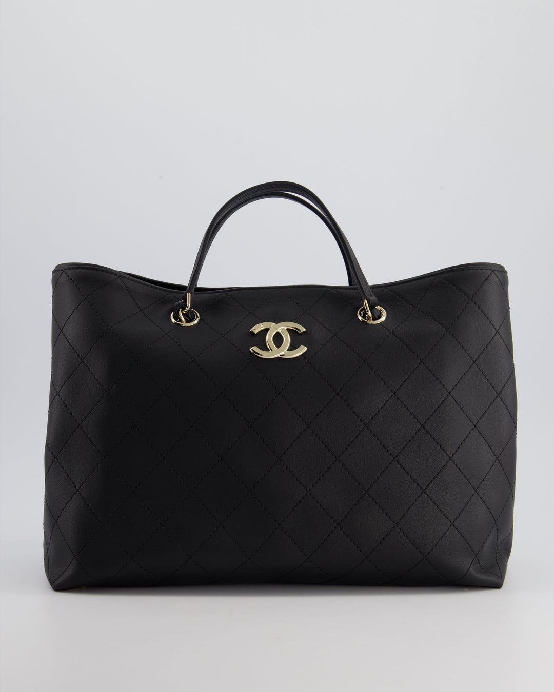 Top Quality Chanel Black Quilted Tote Bag in Calfskin Leather with Champagne Hardware & CC Detail
