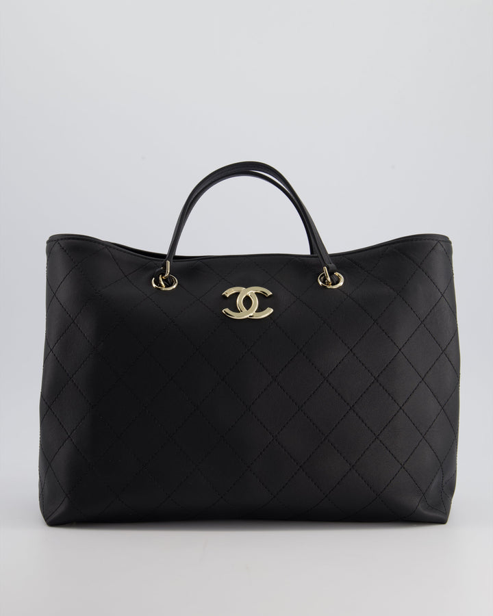 Top Quality Chanel Black Quilted Tote Bag in Calfskin Leather with Champagne Hardware & CC Detail