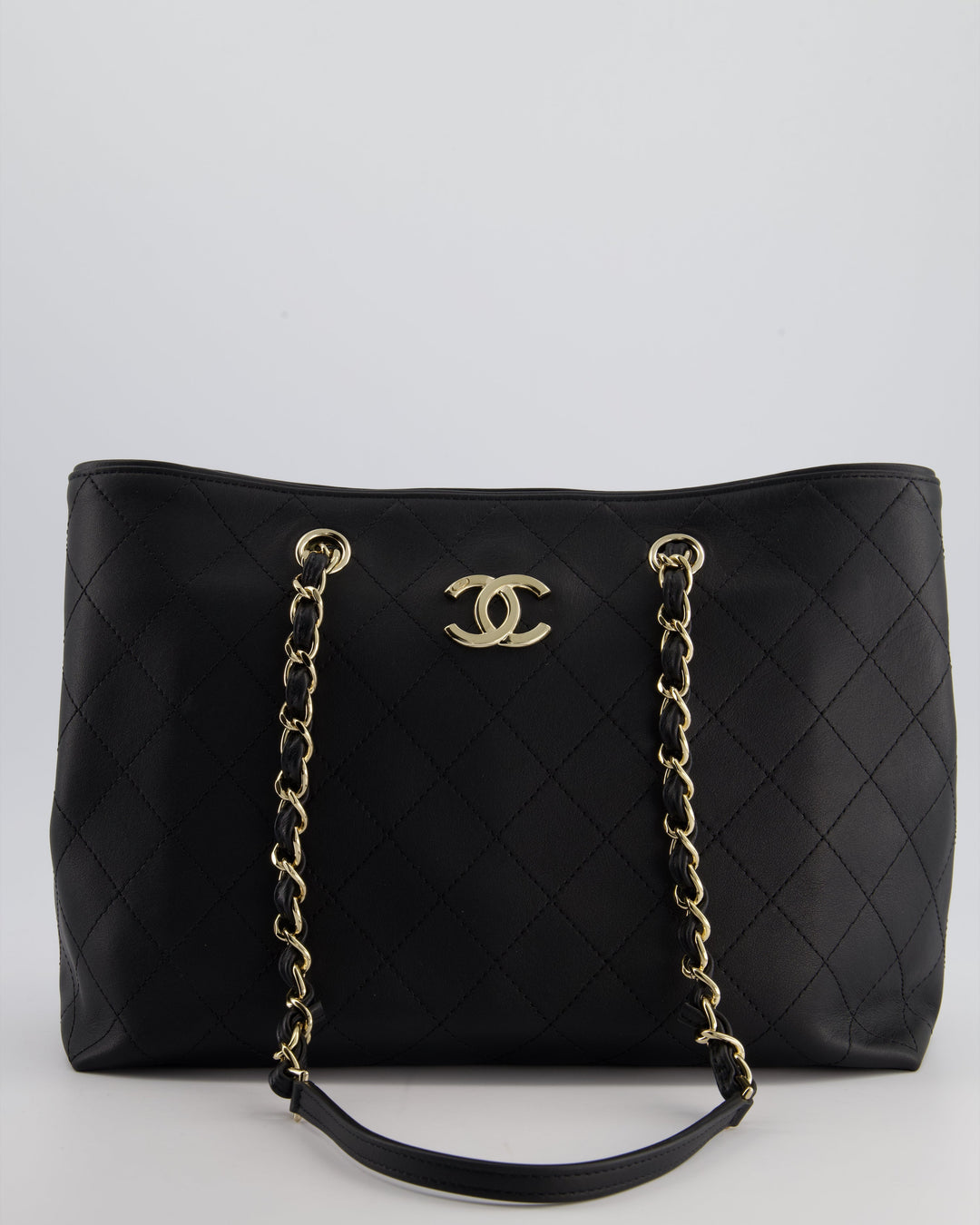 Top Quality Chanel Black Quilted Tote Bag in Calfskin Leather with Champagne Hardware & CC Detail