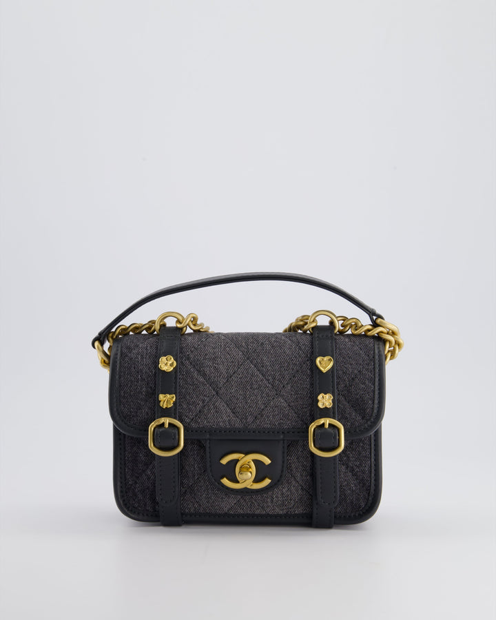 Top Quality Chanel Grey Mini Denim Flap Bag with Brushed Gold Hardware and Charm Detail