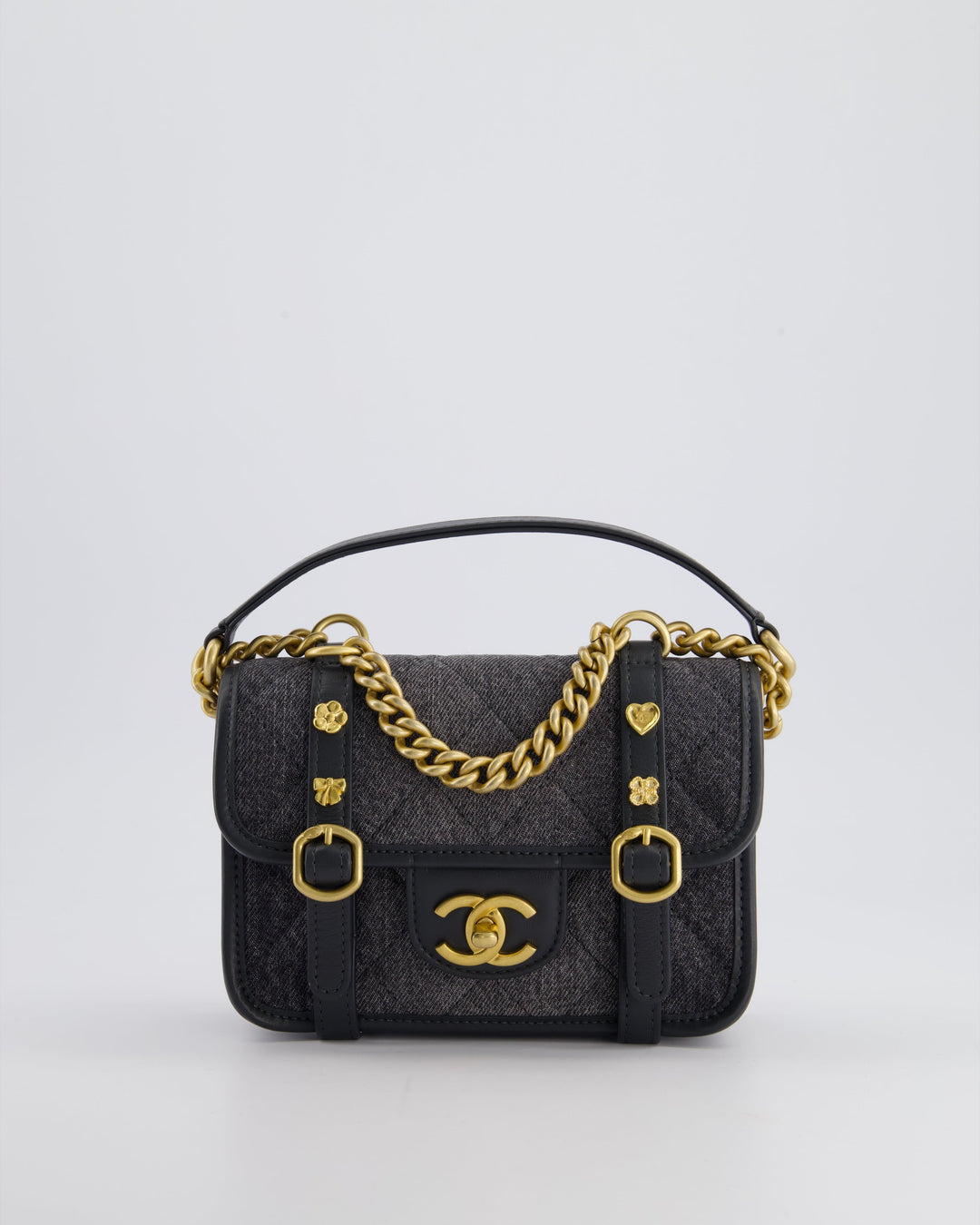 Top Quality Chanel Grey Mini Denim Flap Bag with Brushed Gold Hardware and Charm Detail