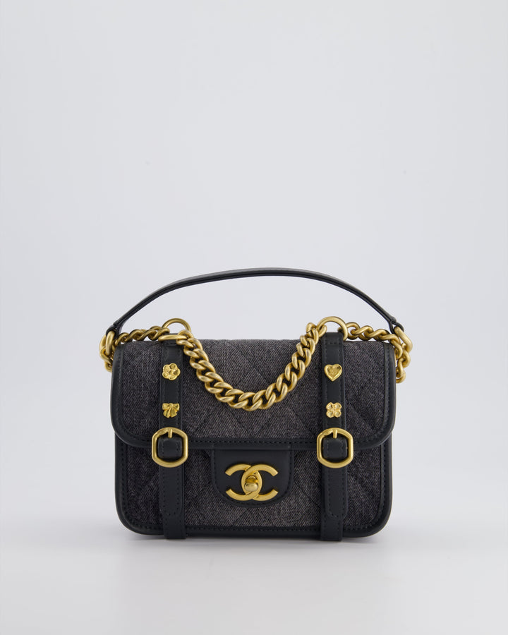 Top Quality Chanel Grey Mini Denim Flap Bag with Brushed Gold Hardware and Charm Detail