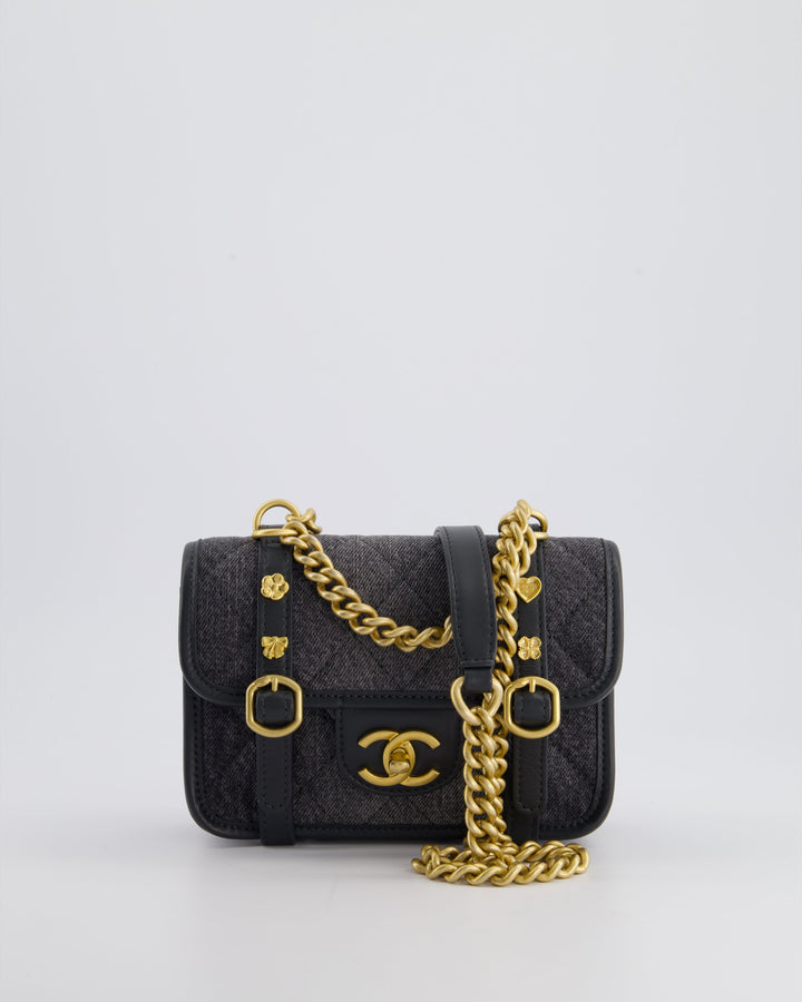 Top Quality Chanel Grey Mini Denim Flap Bag with Brushed Gold Hardware and Charm Detail