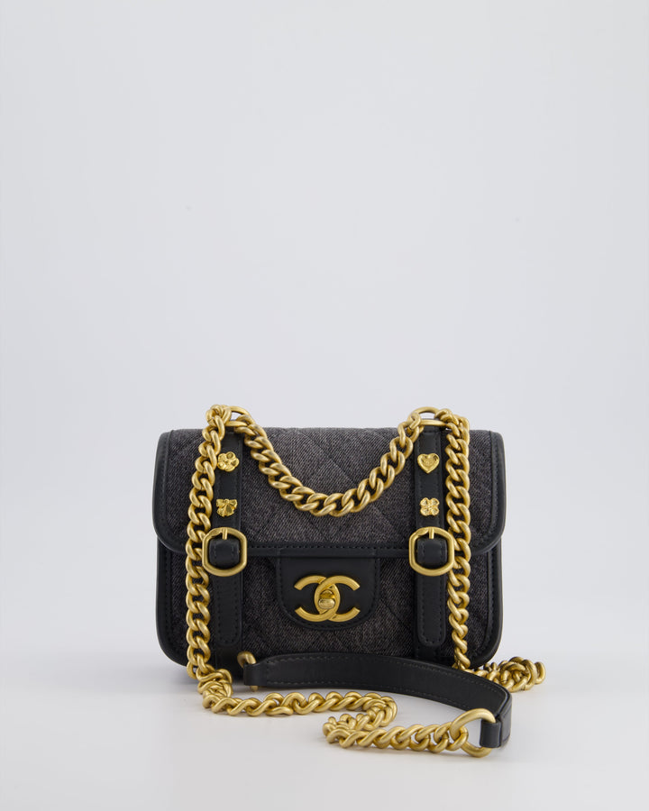 Top Quality Chanel Grey Mini Denim Flap Bag with Brushed Gold Hardware and Charm Detail