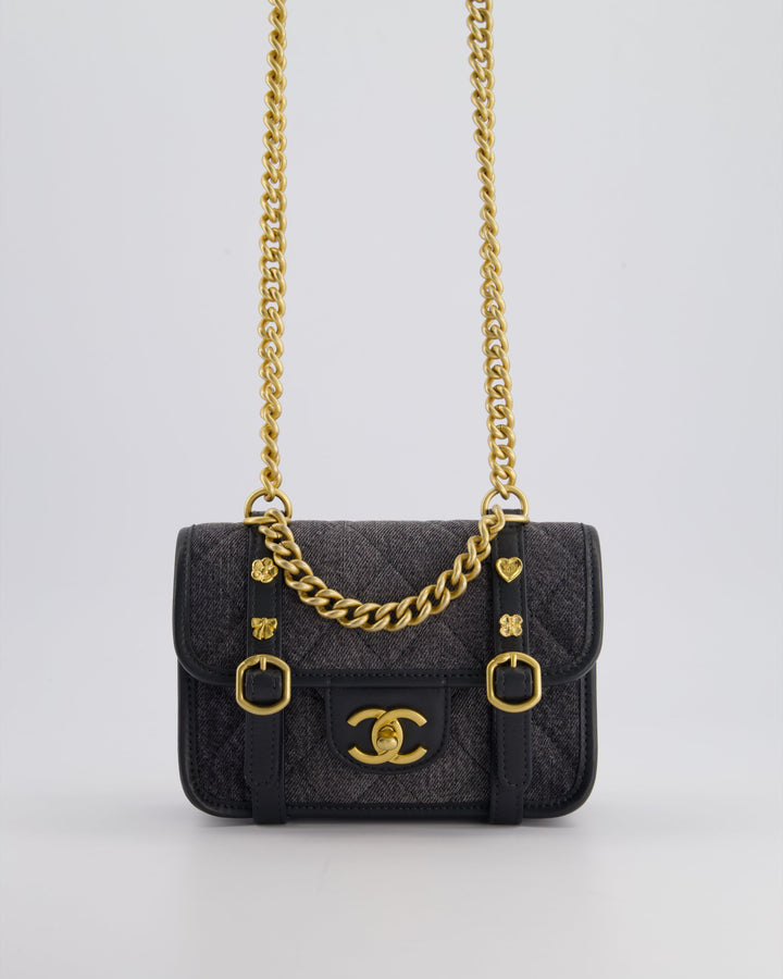 Top Quality Chanel Grey Mini Denim Flap Bag with Brushed Gold Hardware and Charm Detail