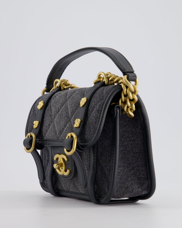 Top Quality Chanel Grey Mini Denim Flap Bag with Brushed Gold Hardware and Charm Detail
