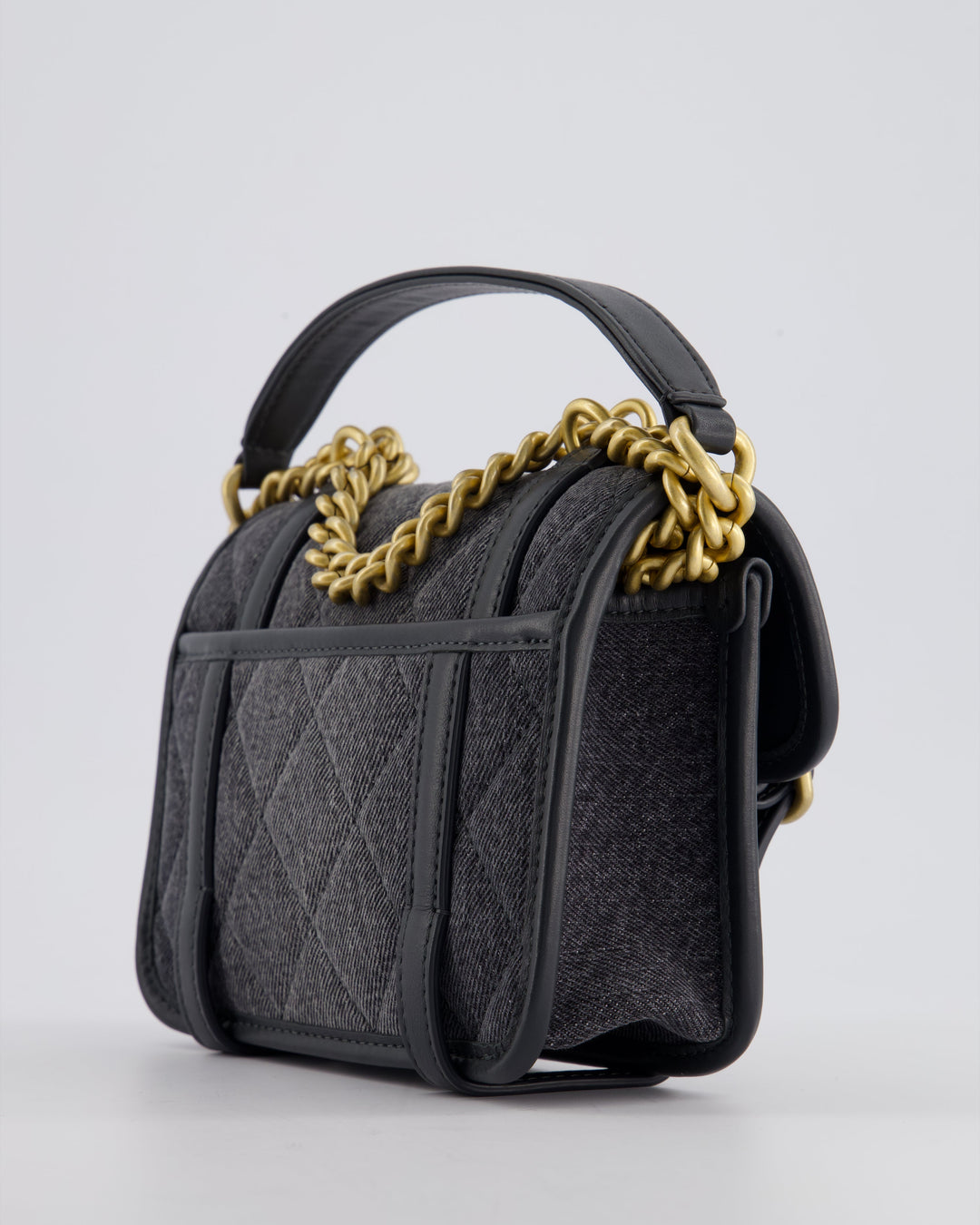 Top Quality Chanel Grey Mini Denim Flap Bag with Brushed Gold Hardware and Charm Detail