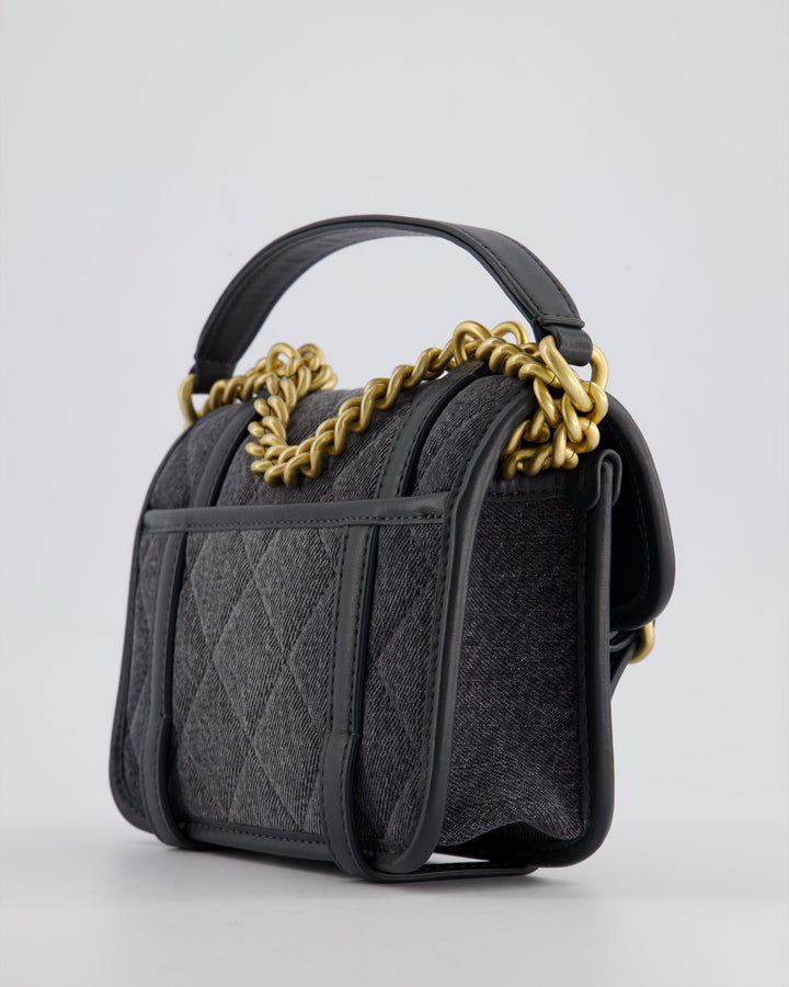 Top Quality Chanel Grey Mini Denim Flap Bag with Brushed Gold Hardware and Charm Detail