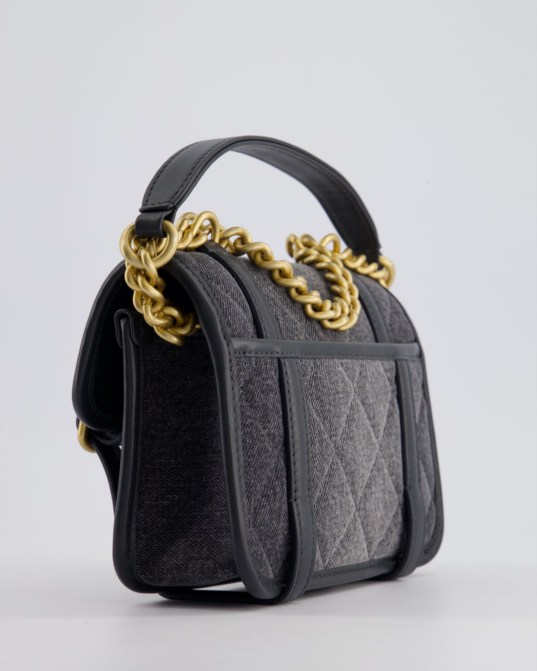 Top Quality Chanel Grey Mini Denim Flap Bag with Brushed Gold Hardware and Charm Detail