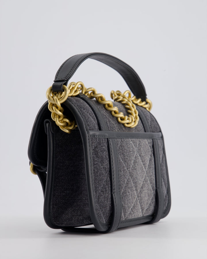 Top Quality Chanel Grey Mini Denim Flap Bag with Brushed Gold Hardware and Charm Detail