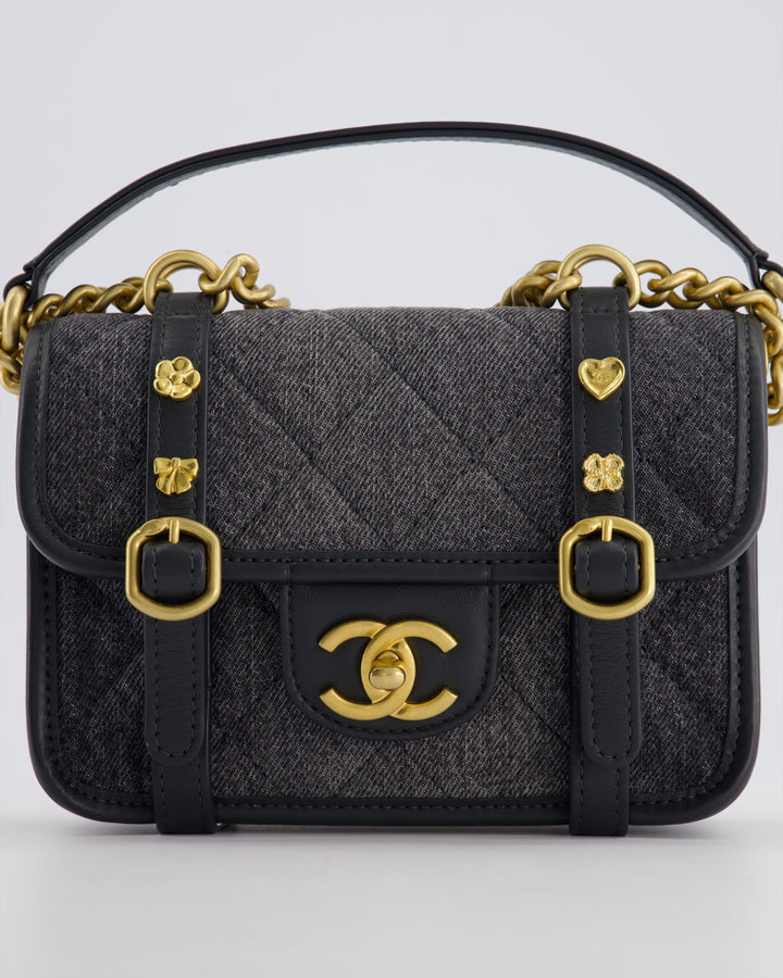 Top Quality Chanel Grey Mini Denim Flap Bag with Brushed Gold Hardware and Charm Detail