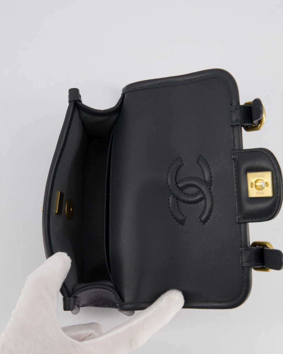 Top Quality Chanel Grey Mini Denim Flap Bag with Brushed Gold Hardware and Charm Detail
