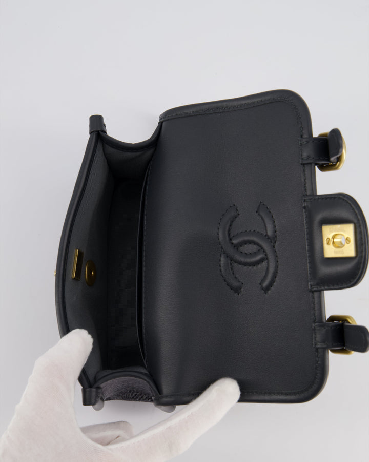 Top Quality Chanel Grey Mini Denim Flap Bag with Brushed Gold Hardware and Charm Detail