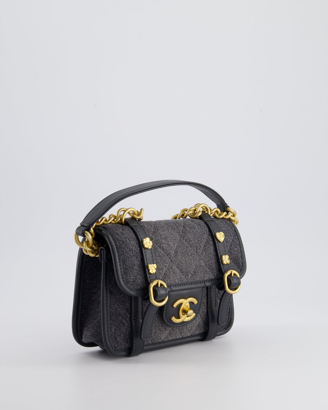 Top Quality Chanel Grey Mini Denim Flap Bag with Brushed Gold Hardware and Charm Detail