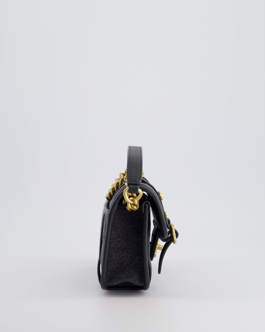 Top Quality Chanel Grey Mini Denim Flap Bag with Brushed Gold Hardware and Charm Detail