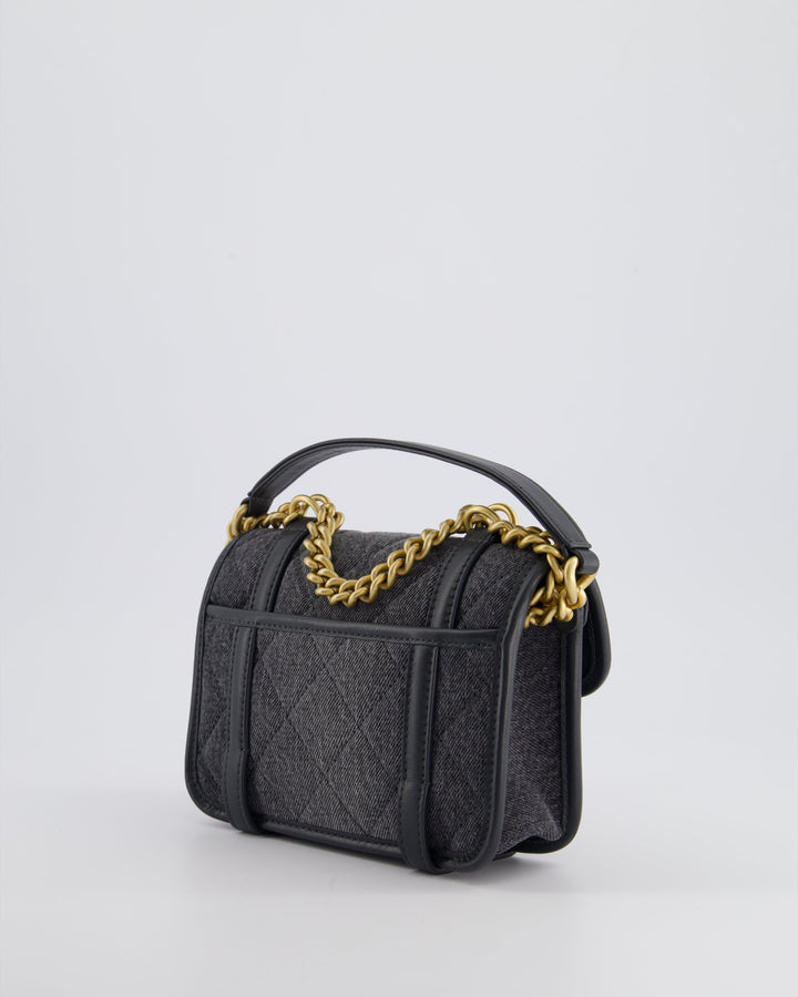 Top Quality Chanel Grey Mini Denim Flap Bag with Brushed Gold Hardware and Charm Detail
