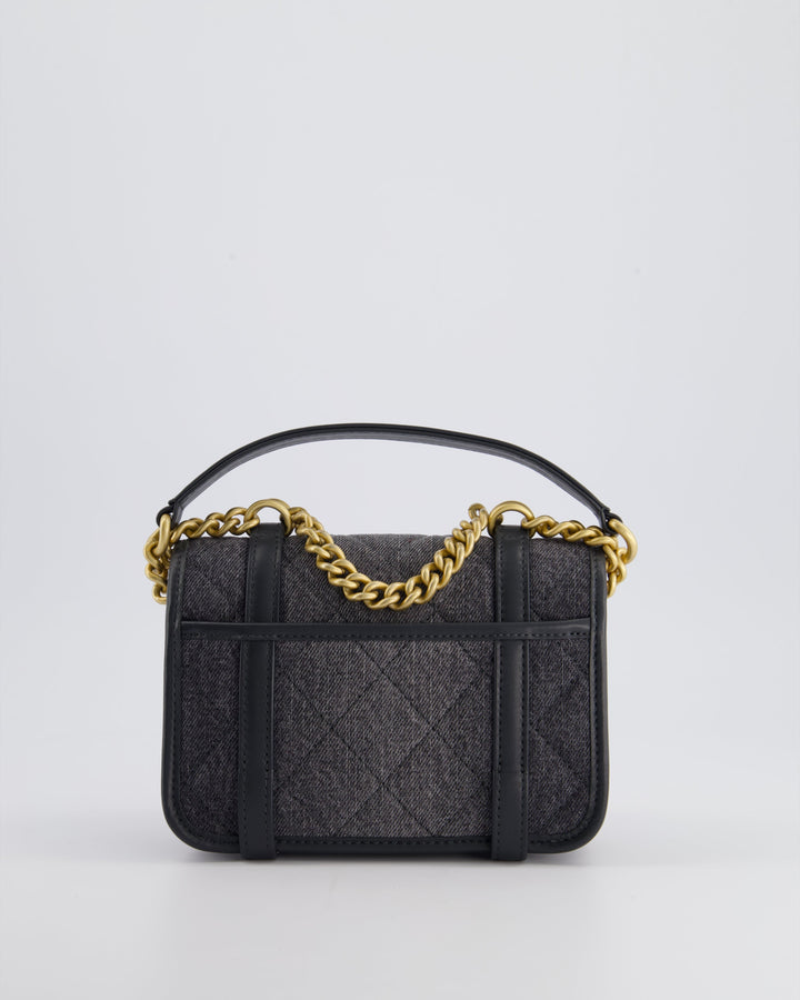 Top Quality Chanel Grey Mini Denim Flap Bag with Brushed Gold Hardware and Charm Detail