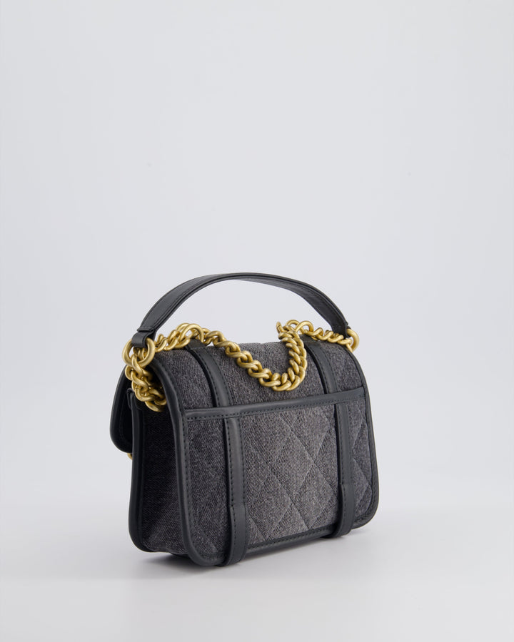 Top Quality Chanel Grey Mini Denim Flap Bag with Brushed Gold Hardware and Charm Detail