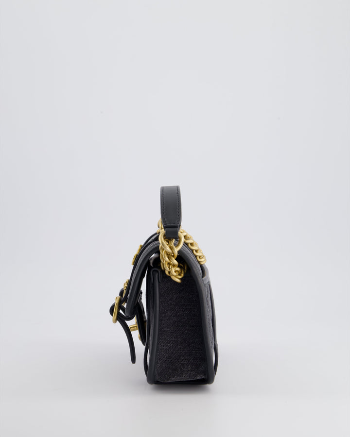 Top Quality Chanel Grey Mini Denim Flap Bag with Brushed Gold Hardware and Charm Detail