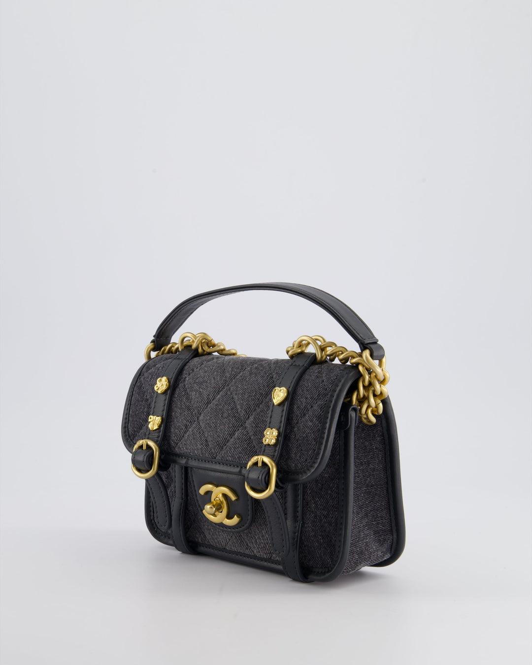 Top Quality Chanel Grey Mini Denim Flap Bag with Brushed Gold Hardware and Charm Detail