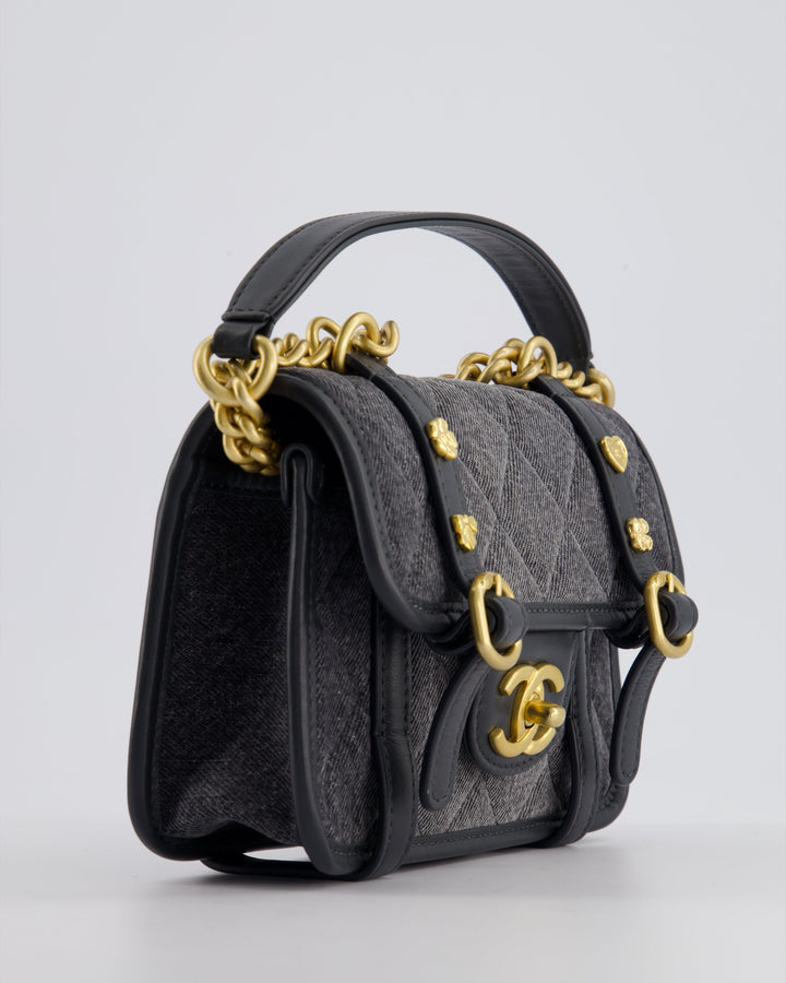 Top Quality Chanel Grey Mini Denim Flap Bag with Brushed Gold Hardware and Charm Detail