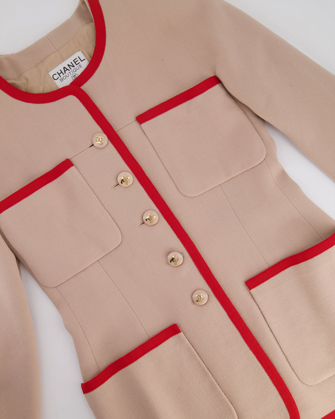 Top Quality Chanel Vintage Wool Beige and Red Jacket with Gold CC Button Details Size FR 38 (UK 10)