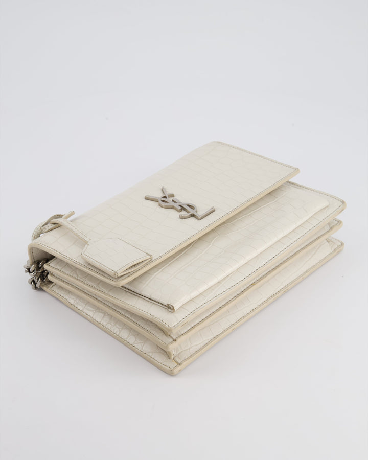 Saint Laurent Ivory Croc-Embossed Small Sunset Bag with Silver Hardware