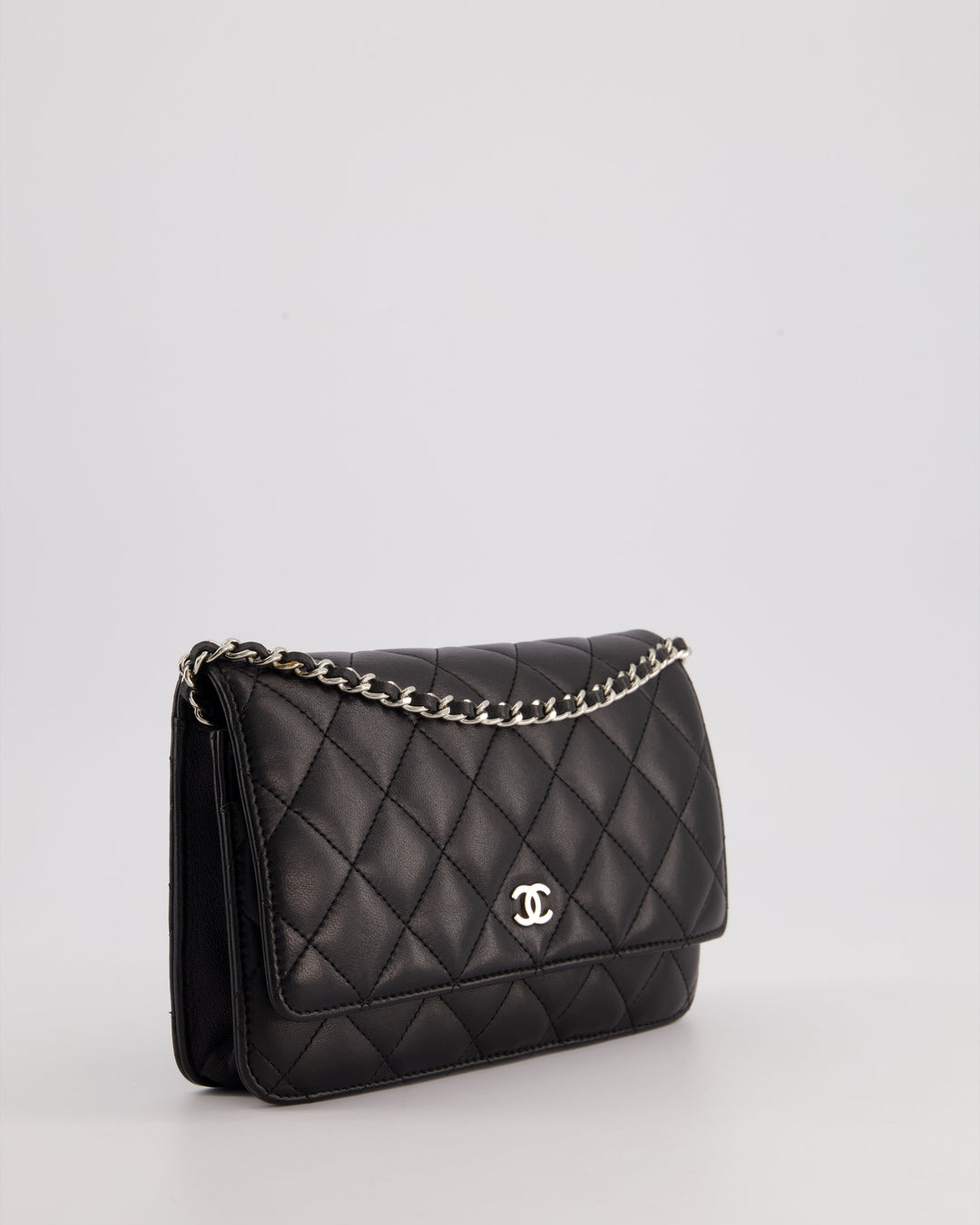 Top Quality Chanel Black Quilted Wallet on Chain Bag In Lambskin Leather with Silver Hardware