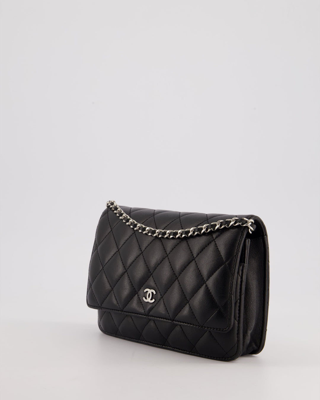 Top Quality Chanel Black Quilted Wallet on Chain Bag In Lambskin Leather with Silver Hardware
