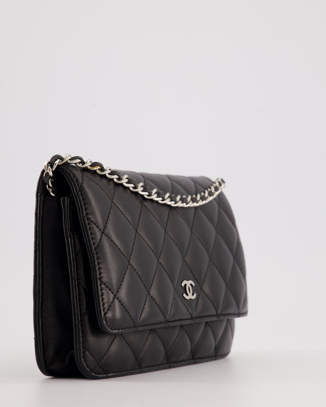 Top Quality Chanel Black Quilted Wallet on Chain Bag In Lambskin Leather with Silver Hardware
