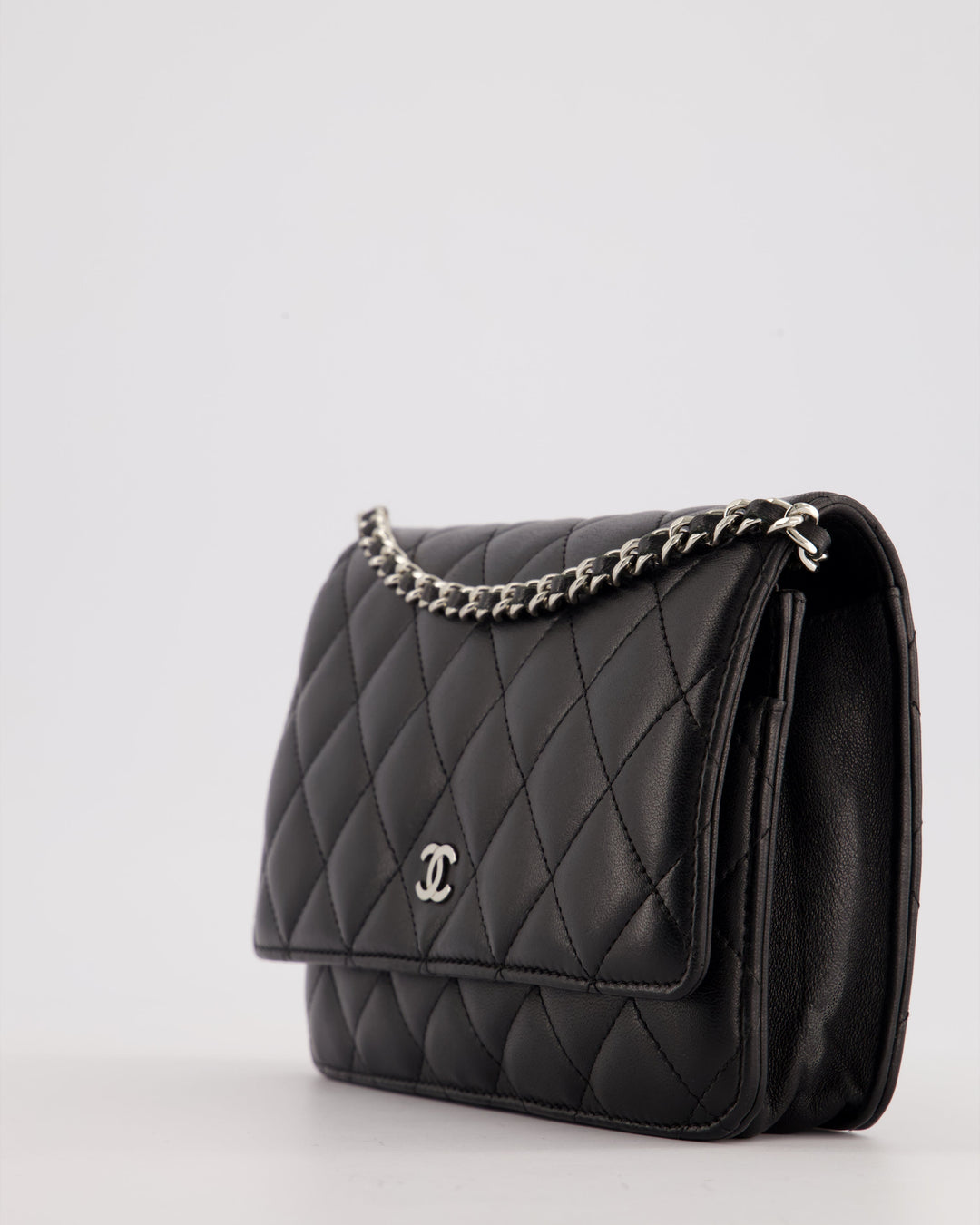 Top Quality Chanel Black Quilted Wallet on Chain Bag In Lambskin Leather with Silver Hardware