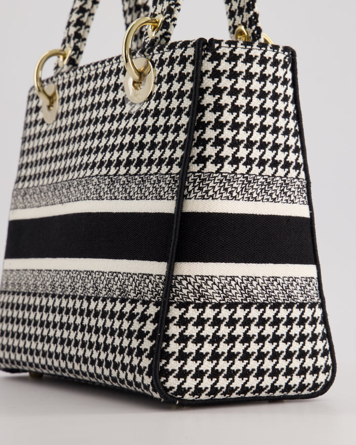 *RARE* Christian Dior Black & White Houndstooth Medium Lady Dior Bag in Canvas with Champagne Gold Hardware